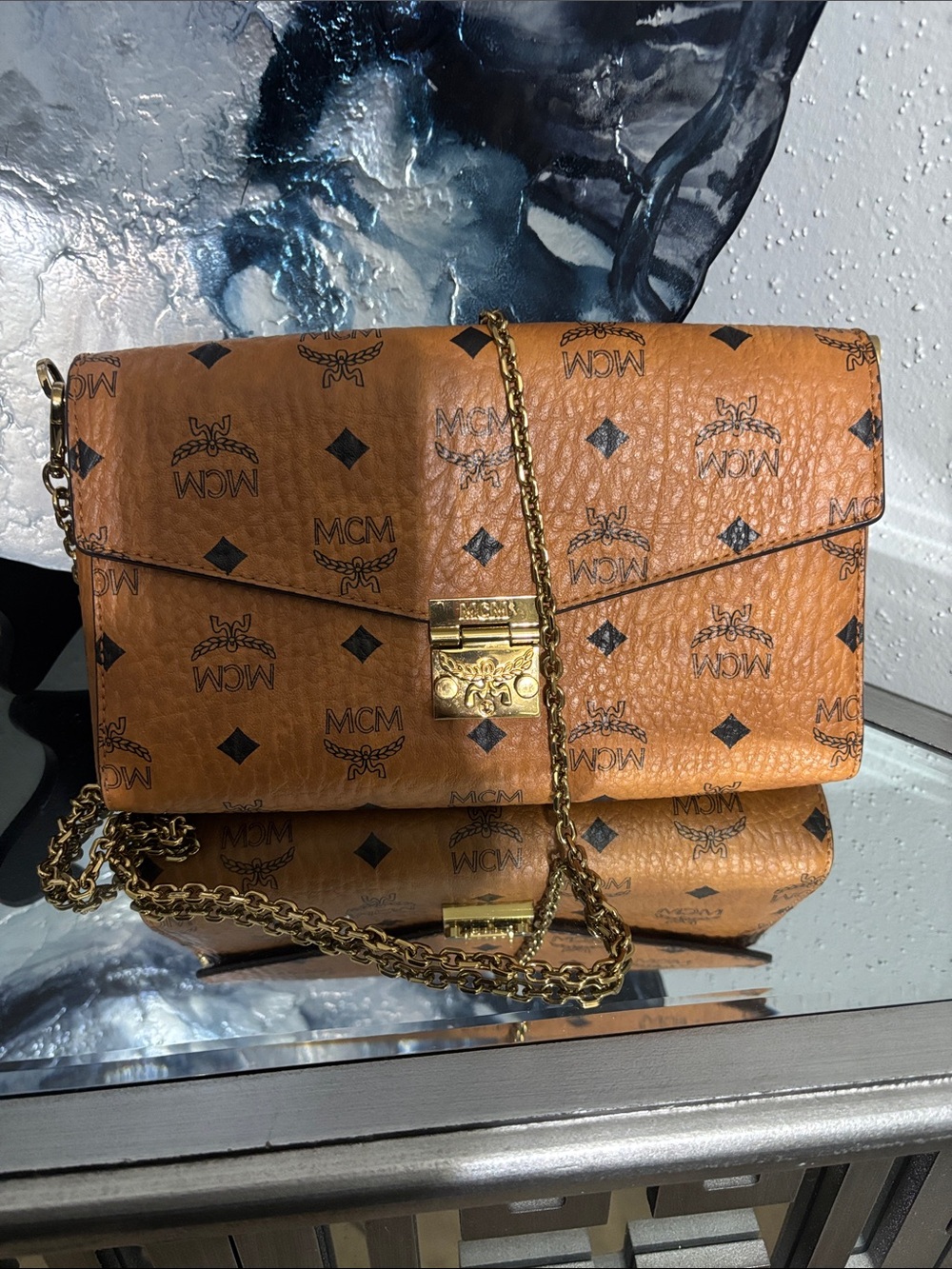 MCM Cognac Visetos Monogram Chain Crossbody